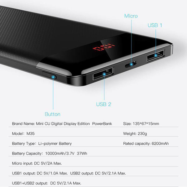 Baseus 10000mAh Power Bank Dual USB LCD Powerbank Slim Poverbank Porta –  Planet Gates