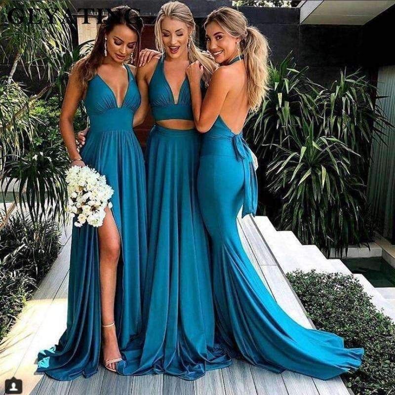 Blue Side Slit Mermaid Bridesmaid Dresses Long Sexy Backless Wedding Party Dress 2018 V-Neck Bride