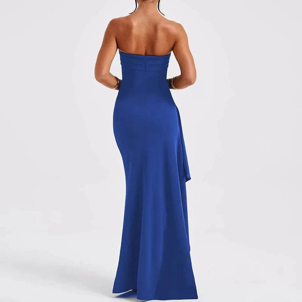 Cryptographic Off Shoulder Elegant High Rise Split Maxi Dress Club Outfits for Women Sexy Strapless Evening Dresses Ruched Gown