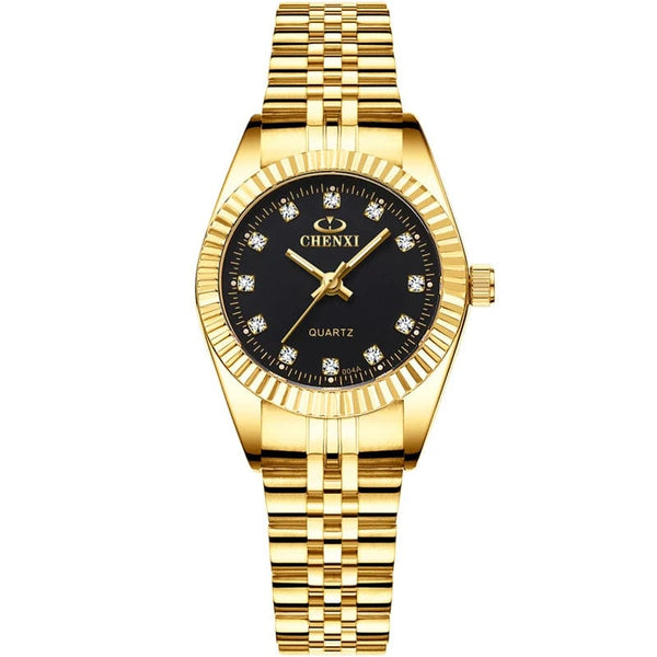 Planet Gates 004A Calendar Golden CHENXI Brand Top Luxury  Ladies Golden Watch for Women Clock Female Women's Dress Rhinestone Quartz Waterproof Wristwatches