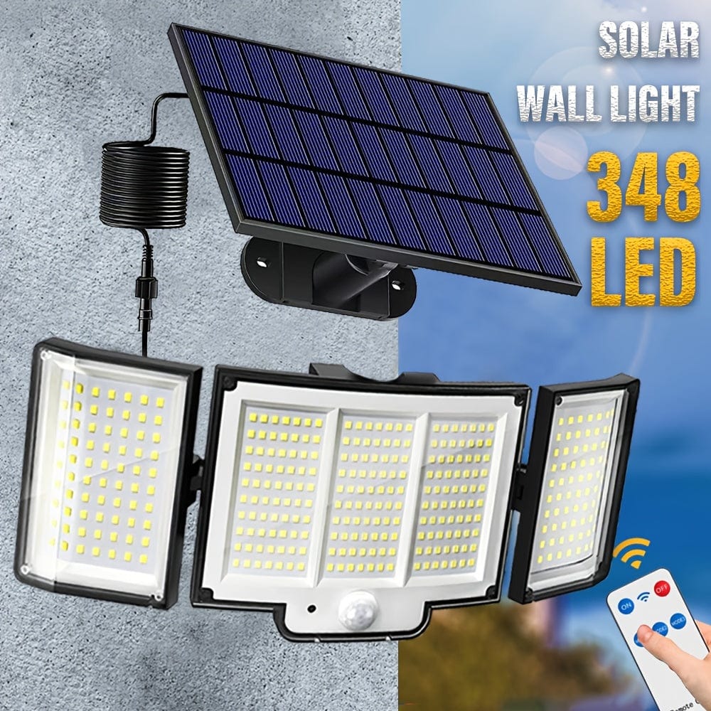Planet Gates 2pcs 1/2 Pack Solar Lights Outdoor, 348 LED Motion Sensor Lights With Remote Control, 3 Head Waterproof Security Lights, Solar Flood Wall Lights With 3 Modes For Outside, Garden, Patio, Yard
