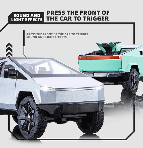 Planet Gates 1:24 Cybertruck Model Silver Pickup Truck Diecast Metal Toy Cars with Sound and Light for Kids Age 3 Year