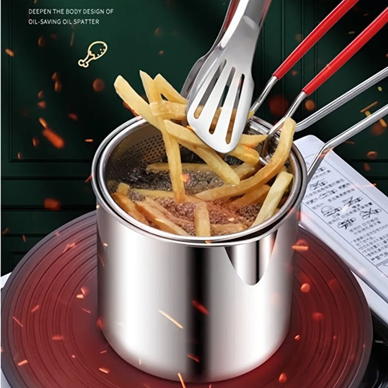 Planet Gates 1.2L 1pc 1.2L Mini Stainless Steel Deep Fryer Pot With Handle & Strainer Basket, Kitchen Cooking Tool For French Chips, Onion Rings, Chicken Wings, Serving Food, Cookware, Multifunctional Kitchenware Mini Pot