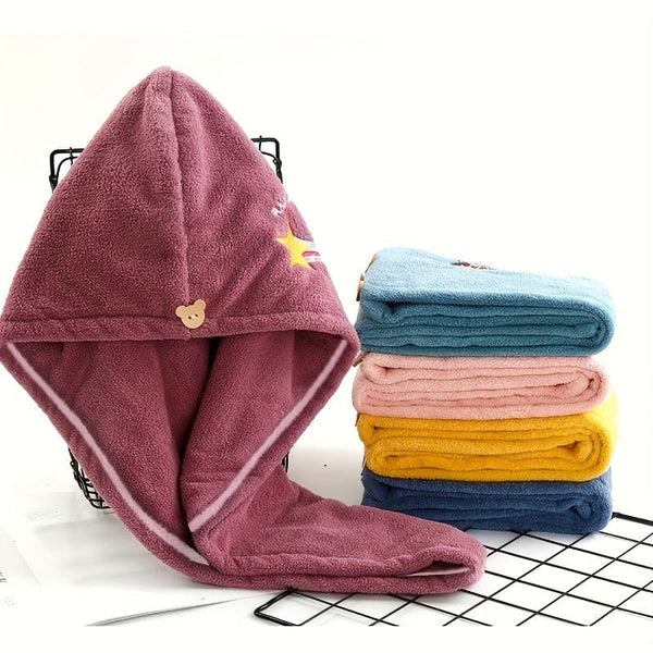Planet Gates 1/2pcs Hair Towel With Button, Soft Hair Drying Cap, Hair Towel With Embroidery For Bathroom, Super Absorbent Hair Wrap Towel, Shower Cap For Women, Bathroom Supplies, Bathroom Accessories