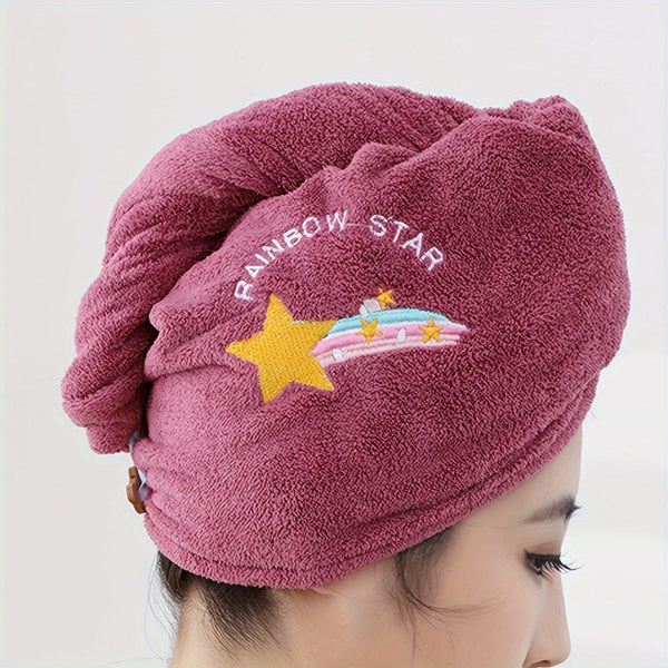 Planet Gates 1/2pcs Hair Towel With Button, Soft Hair Drying Cap, Hair Towel With Embroidery For Bathroom, Super Absorbent Hair Wrap Towel, Shower Cap For Women, Bathroom Supplies, Bathroom Accessories