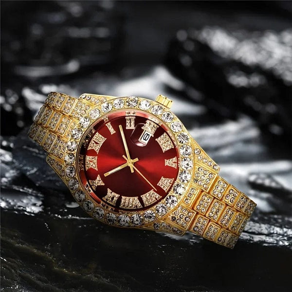Planet Gates 1 2pcs/set Iced Out Watch Men Luxury Brand Full Artificial Diamond Men's Watches Quartz Men's Watch  Hip Hop Male Clock Gift For