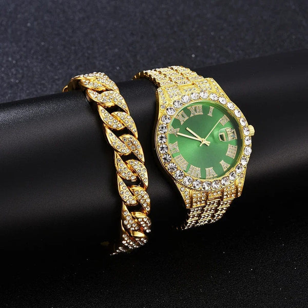 Planet Gates 1 2pcs/set Iced Out Watch Men Luxury Brand Full Artificial Diamond Men's Watches Quartz Men's Watch  Hip Hop Male Clock Gift For