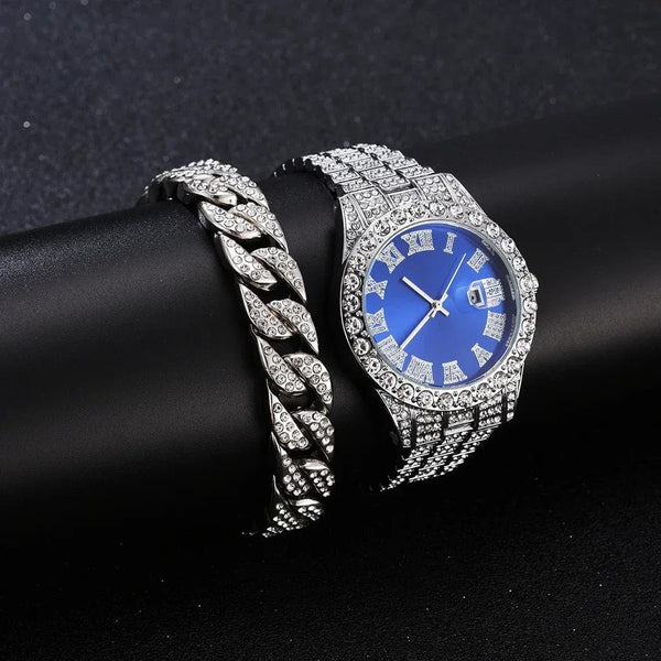 Planet Gates 1 2pcs/set Iced Out Watch Men Luxury Brand Full Artificial Diamond Men's Watches Quartz Men's Watch  Hip Hop Male Clock Gift For