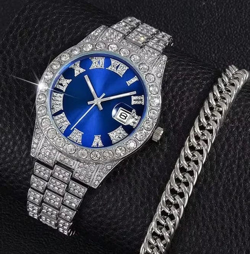 Planet Gates 1 2pcs/set Iced Out Watch Men Luxury Brand Full Artificial Diamond Men's Watches Quartz Men's Watch  Hip Hop Male Clock Gift For