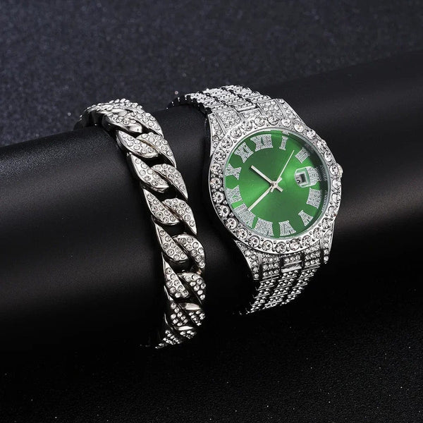Planet Gates 1 2pcs/set Iced Out Watch Men Luxury Brand Full Artificial Diamond Men's Watches Quartz Men's Watch  Hip Hop Male Clock Gift For