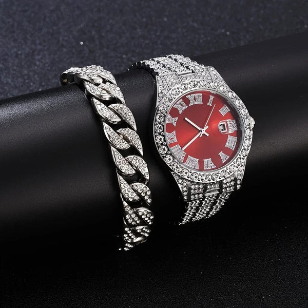 Planet Gates 1 2pcs/set Iced Out Watch Men Luxury Brand Full Artificial Diamond Men's Watches Quartz Men's Watch  Hip Hop Male Clock Gift For
