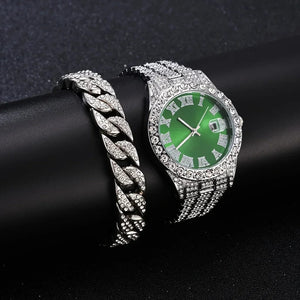 Planet Gates 1 2pcs/set Iced Out Watch Men Luxury Brand Full Artificial Diamond Men's Watches Quartz Men's Watch  Hip Hop Male Clock Gift For