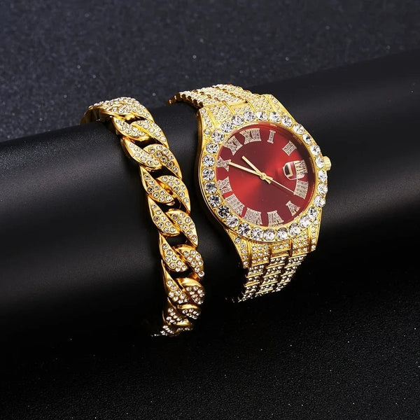 Planet Gates 1 2pcs/set Iced Out Watch Men Luxury Brand Full Artificial Diamond Men's Watches Quartz Men's Watch  Hip Hop Male Clock Gift For