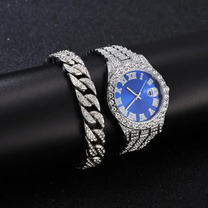 Planet Gates 1 2pcs/set Iced Out Watch Men Luxury Brand Full Artificial Diamond Men's Watches Quartz Men's Watch  Hip Hop Male Clock Gift For