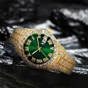 Planet Gates 1 2pcs/set Iced Out Watch Men Luxury Brand Full Artificial Diamond Men's Watches Quartz Men's Watch  Hip Hop Male Clock Gift For