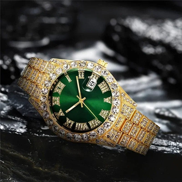 Planet Gates 1 2pcs/set Iced Out Watch Men Luxury Brand Full Artificial Diamond Men's Watches Quartz Men's Watch  Hip Hop Male Clock Gift For