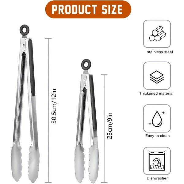Planet Gates 1/2pcs, Stainless Steel Kitchen Tongs, Silicone Non-slip Handle, Lockable Barbecue Food Clip, 22.86 Cm And 30.48 Cm, Premium Silicone Rubber Grips, Independence Day Halloween Christmas Party Supplies.
