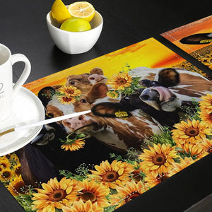 Planet Gates 1/4/6pcs Place Mats, Polyester Placemats Set, Abstract Cow & Yellow Sunflowers Design Placemat, Farmhouse Style Dining Table Mats, For Family, Hotel, Banquet, Holiday, Floral Kitchen Decor, Home Supplies
