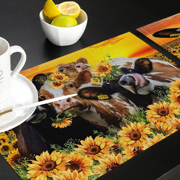 Planet Gates 1/4/6pcs Place Mats, Polyester Placemats Set, Abstract Cow & Yellow Sunflowers Design Placemat, Farmhouse Style Dining Table Mats, For Family, Hotel, Banquet, Holiday, Floral Kitchen Decor, Home Supplies