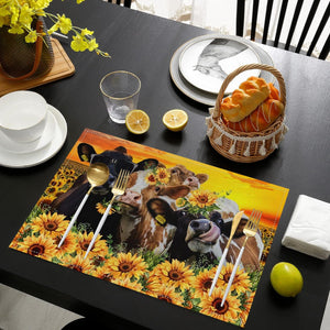 Planet Gates 1/4/6pcs Place Mats, Polyester Placemats Set, Abstract Cow & Yellow Sunflowers Design Placemat, Farmhouse Style Dining Table Mats, For Family, Hotel, Banquet, Holiday, Floral Kitchen Decor, Home Supplies
