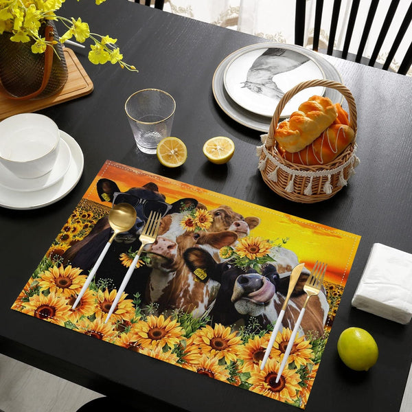 Planet Gates 1/4/6pcs Place Mats, Polyester Placemats Set, Abstract Cow & Yellow Sunflowers Design Placemat, Farmhouse Style Dining Table Mats, For Family, Hotel, Banquet, Holiday, Floral Kitchen Decor, Home Supplies