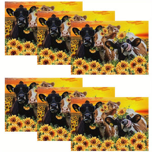 Planet Gates 1/4/6pcs Place Mats, Polyester Placemats Set, Abstract Cow & Yellow Sunflowers Design Placemat, Farmhouse Style Dining Table Mats, For Family, Hotel, Banquet, Holiday, Floral Kitchen Decor, Home Supplies
