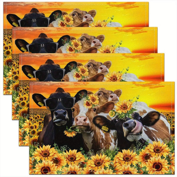 Planet Gates 1/4/6pcs Place Mats, Polyester Placemats Set, Abstract Cow & Yellow Sunflowers Design Placemat, Farmhouse Style Dining Table Mats, For Family, Hotel, Banquet, Holiday, Floral Kitchen Decor, Home Supplies