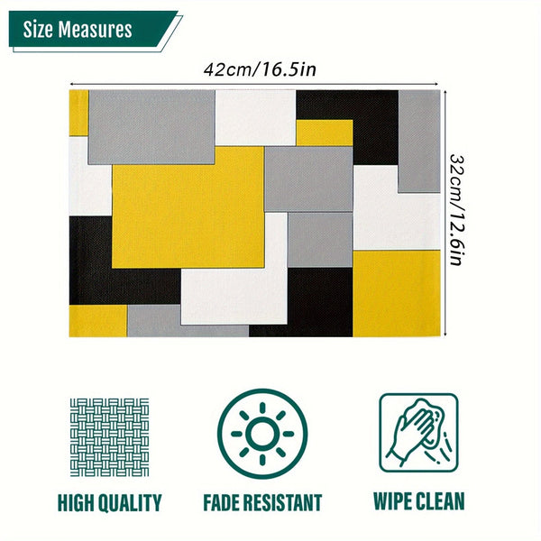 Planet Gates 1/4pcs, Polyester Placemats, Abstract Colorful Geometric Table Mat, Rectangle Heat Insulation Pad, Yellow Gray Black Mosaic Block For Dining Tables