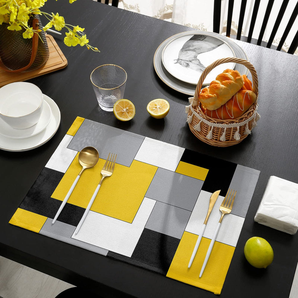 Planet Gates 1/4pcs, Polyester Placemats, Abstract Colorful Geometric Table Mat, Rectangle Heat Insulation Pad, Yellow Gray Black Mosaic Block For Dining Tables