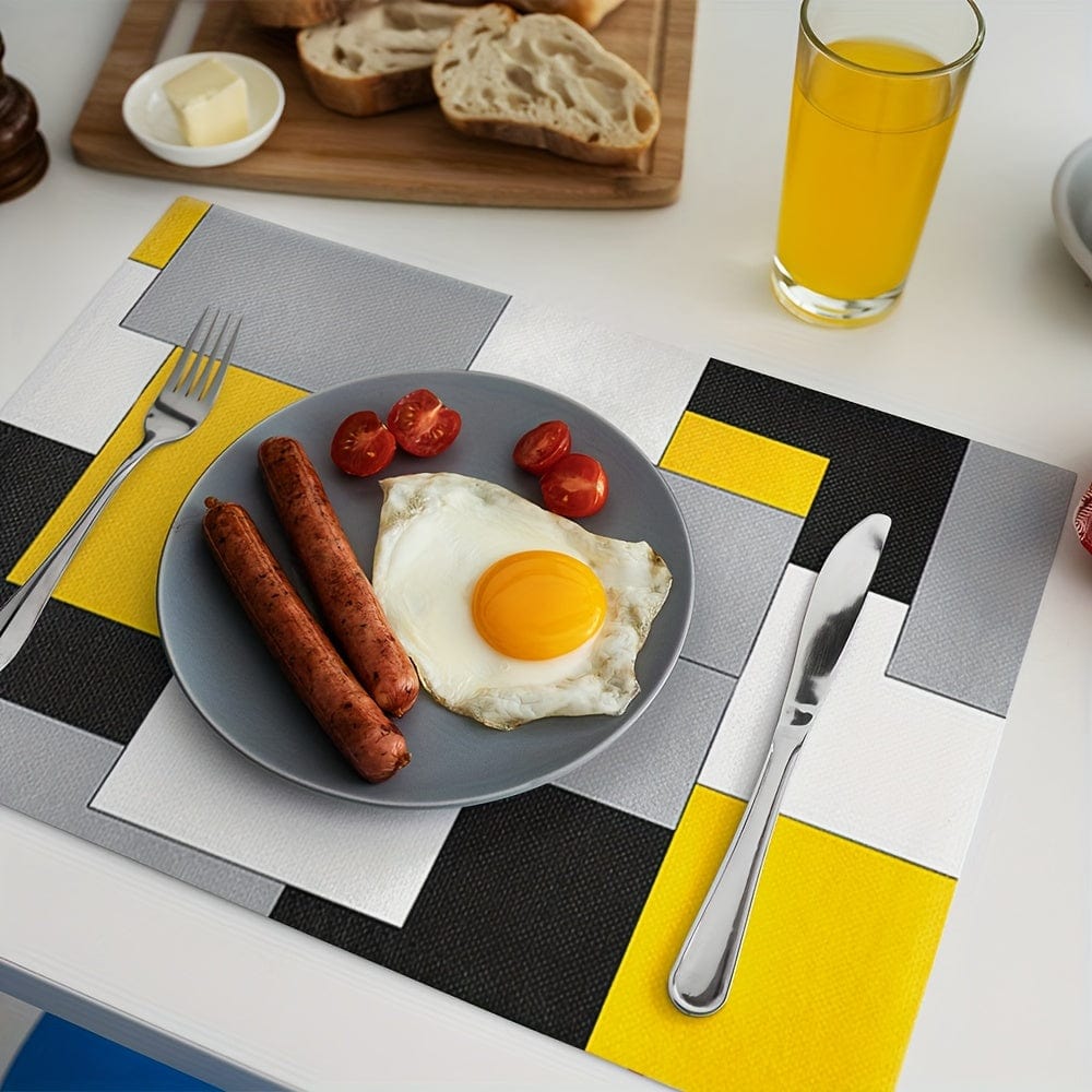 Planet Gates 1/4pcs, Polyester Placemats, Abstract Colorful Geometric Table Mat, Rectangle Heat Insulation Pad, Yellow Gray Black Mosaic Block For Dining Tables