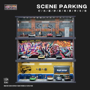 Planet Gates 1/64 Simulated Parking Lot Model Miniature Scene Parking Lot PVC Assembly with Light Parking Space Model Display Frame