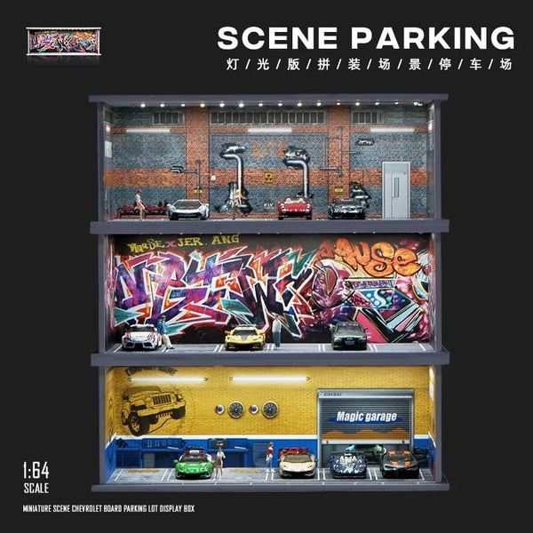 Planet Gates 1/64 Simulated Parking Lot Model Miniature Scene Parking Lot PVC Assembly with Light Parking Space Model Display Frame