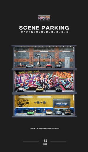 Planet Gates 1/64 Simulated Parking Lot Model Miniature Scene Parking Lot PVC Assembly with Light Parking Space Model Display Frame