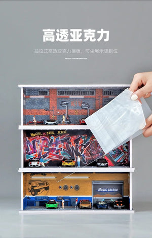 Planet Gates 1/64 Simulated Parking Lot Model Miniature Scene Parking Lot PVC Assembly with Light Parking Space Model Display Frame