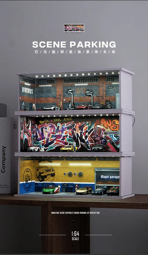 Planet Gates 1/64 Simulated Parking Lot Model Miniature Scene Parking Lot PVC Assembly with Light Parking Space Model Display Frame