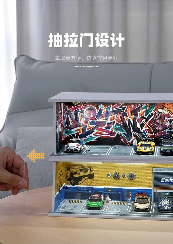 Planet Gates 1/64 Simulated Parking Lot Model Miniature Scene Parking Lot PVC Assembly with Light Parking Space Model Display Frame