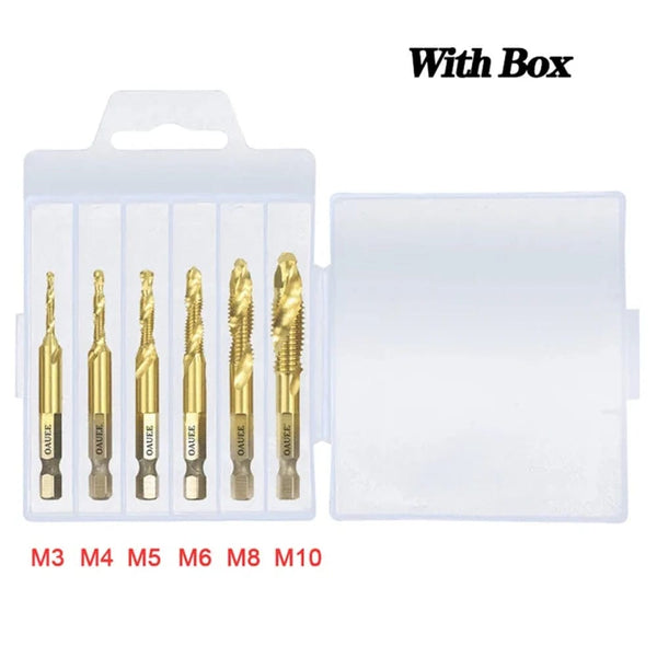 Planet Gates 1/6Pcs Tap Drill Bit Set Hex Shank Titanium Plated HSS Screw Thread Bit Screw Machine Compound Tap M3 M4 M5 M6 M8 M10 Hand Tools