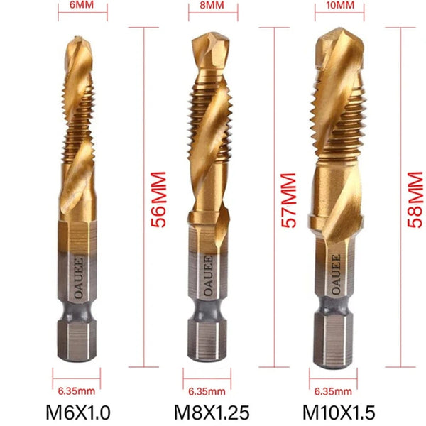 Planet Gates 1/6Pcs Tap Drill Bit Set Hex Shank Titanium Plated HSS Screw Thread Bit Screw Machine Compound Tap M3 M4 M5 M6 M8 M10 Hand Tools