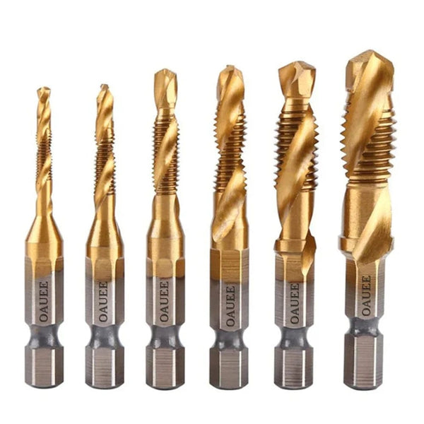 Planet Gates 1/6Pcs Tap Drill Bit Set Hex Shank Titanium Plated HSS Screw Thread Bit Screw Machine Compound Tap M3 M4 M5 M6 M8 M10 Hand Tools