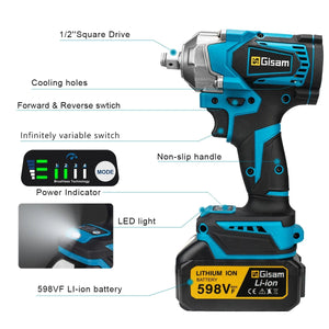 Planet Gates 1 Battery Type 1 / United States Gisam 1200N.M Torque Brushless Electric Impact Wrench 1/2 inch Cordless Wrench Screwdriver Power Tools For Makita 18V Battery