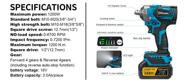 Planet Gates 1 Battery Type 1 / United States Gisam 1200N.M Torque Brushless Electric Impact Wrench 1/2 inch Cordless Wrench Screwdriver Power Tools For Makita 18V Battery