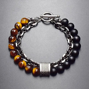 Planet Gates 1 New 2020 Men's Tiger Eye Stone Beaded Bracelet Stainless Steel Gunmetal Link Chain Yoga Bracelet Male Jewelry Dropshipping