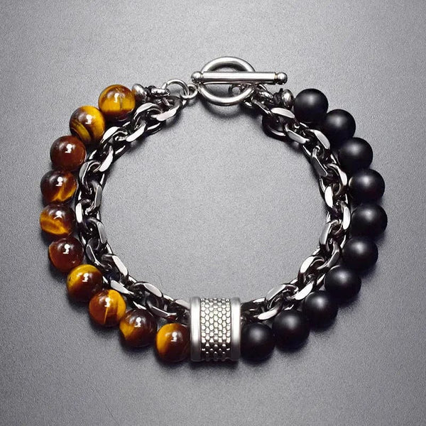 Planet Gates 1 New 2020 Men's Tiger Eye Stone Beaded Bracelet Stainless Steel Gunmetal Link Chain Yoga Bracelet Male Jewelry Dropshipping