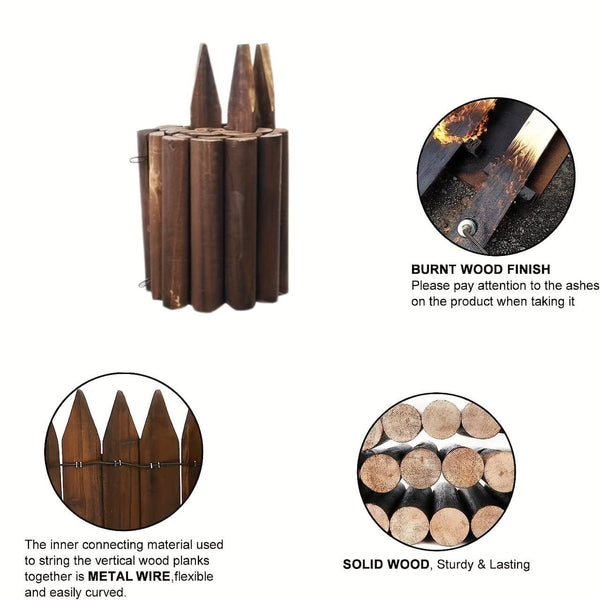 Planet Gates 1 Pack, Garden Fence, Garden Wooden Short Fence, Tree Fence, Burnt Wood Finish Outdoor Landscape Edging Flexible Decorative Border, Spring Garden & Yard Maintenance
