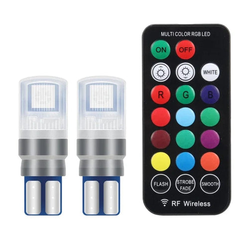 Planet Gates 1 set 2Pcs/Set RGB LED T10 W5W Bulbs With Remote Control W5W Led 194 168 Car Reading Dome Light Car Wedge Lamp License Plate Lights
