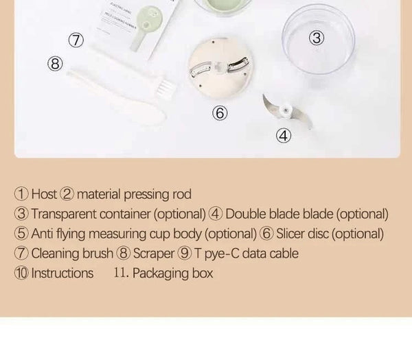 Planet Gates 1 set 4 in 1 Handheld Electric Vegetable Cutter Set for Garlic Pepper Chili Onion Celery Ginger Meat with Brush Kitchen Tools