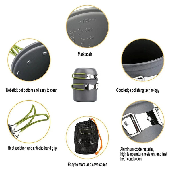 Planet Gates 1 Set Camping Cookware Mess Kit Ultralight Camping Pot Set Outdoor Cooking Tableware for Hiking Trekking Picnic Fishing Mountaineering