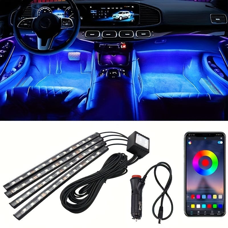 Planet Gates 1 Set Car LED Foot Light Strip 2.54 cm 4 Interior Music Voice Control Light APP Control RGB Decorative Lamp Lighter Adapter Ambient Light Strip