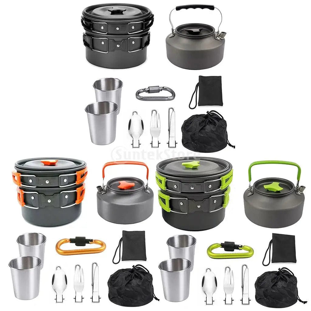 Planet Gates 1 Set Outdoor Pots Pans Camping Cookware Picnic Cooking Set Non-stick Tableware With Foldable Spoon Fork Knife Kettle Cup