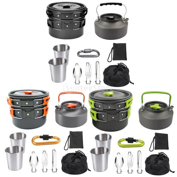 Planet Gates 1 Set Outdoor Pots Pans Camping Cookware Picnic Cooking Set Non-stick Tableware With Foldable Spoon Fork Knife Kettle Cup